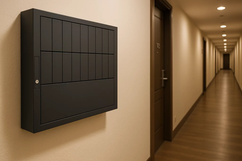 Dyspozytor kluczy powieszony na ścianie korytarza w hotelu odpowiadający za zautomatyzowanie recepcji. 