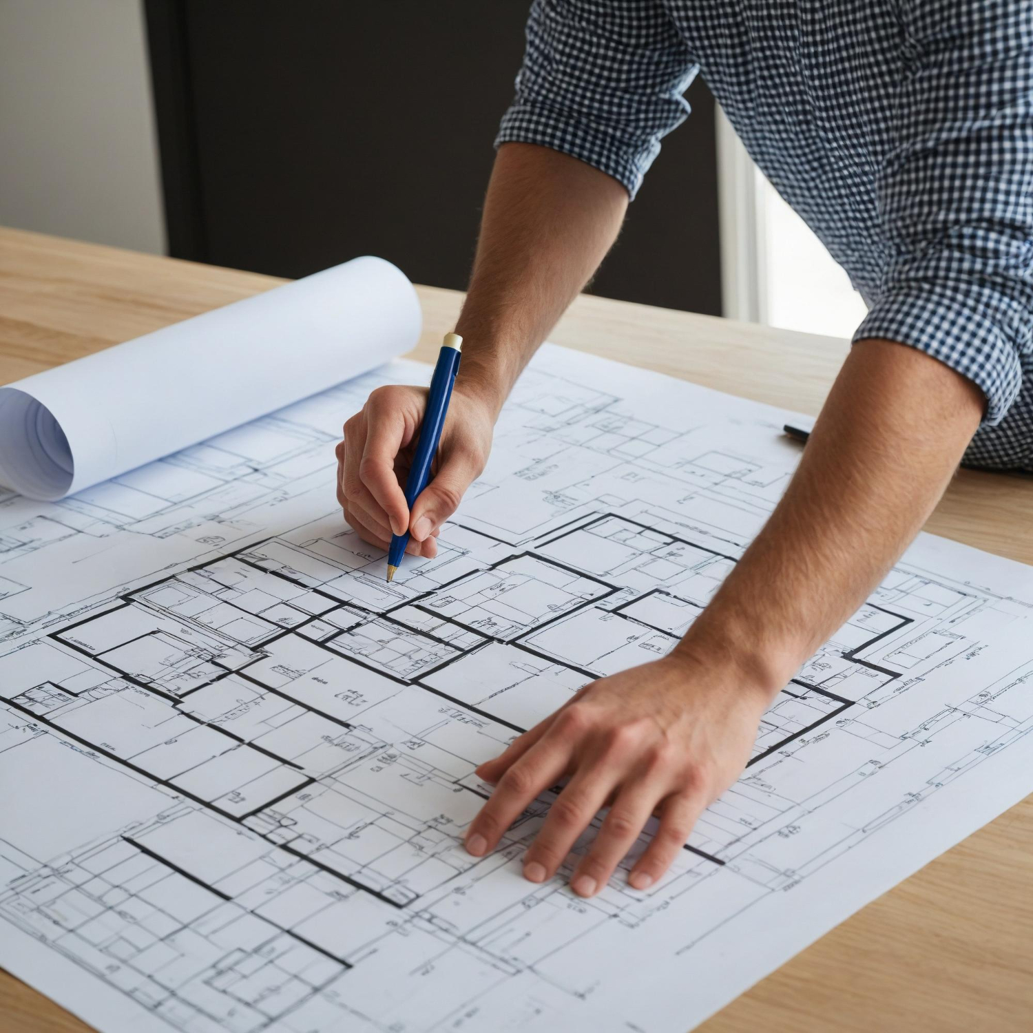 Architekt pracujący nad rzutem mieszkania, nanoszący zmiany na projekcie technicznym rozłożonym na biurku.